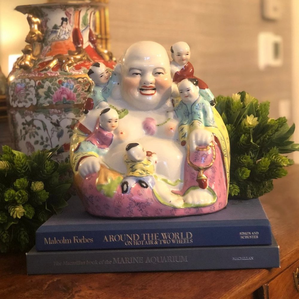 LARGE Rose Famille Chinese Porcelain Buddha - Antique - Grandmillennial